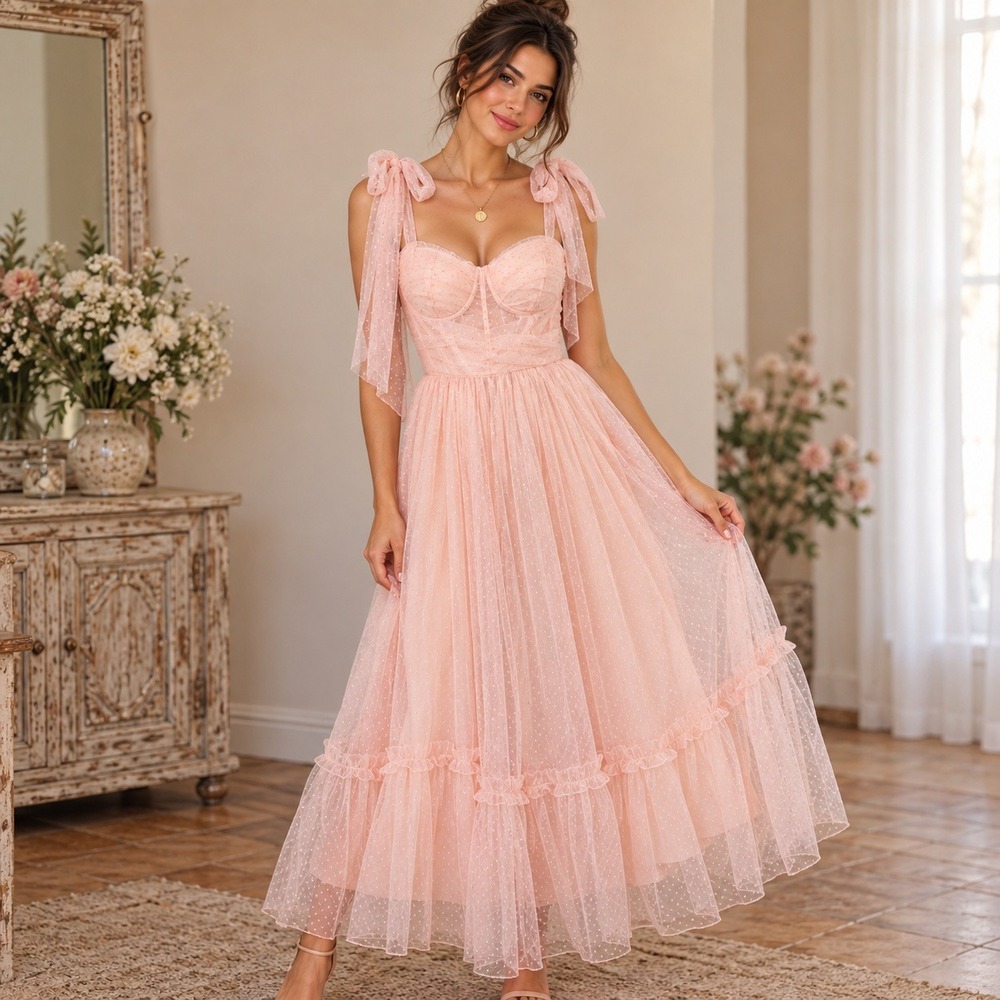 Petal + Pup Pink Swiss Dot Tulle Midi Dress XL Tie Shoulder Bustier Fairycore